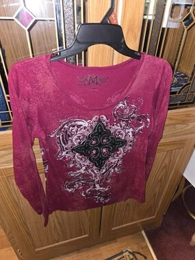 Maurices Fuchsia Long Sleeve Scoop Neck Top with Studded Medallion